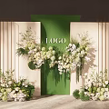 Elegant Wedding Backdrop Design With Green Panel Logo And Floral Decorations 3d model
