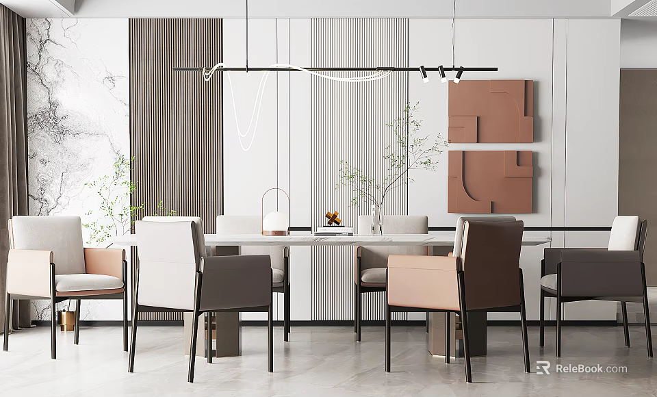 Modern Restaurant Interior With Dining Table Chairs Pendant Lights And Striped Wall Decor 3d model