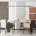 Modern Restaurant Interior With Dining Table Chairs Pendant Lights And Striped Wall Decor 3d model