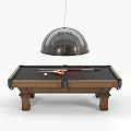 Classic Wooden Billiard Table With Colorful Balls Cue Stick And Hanging Pendant Light
