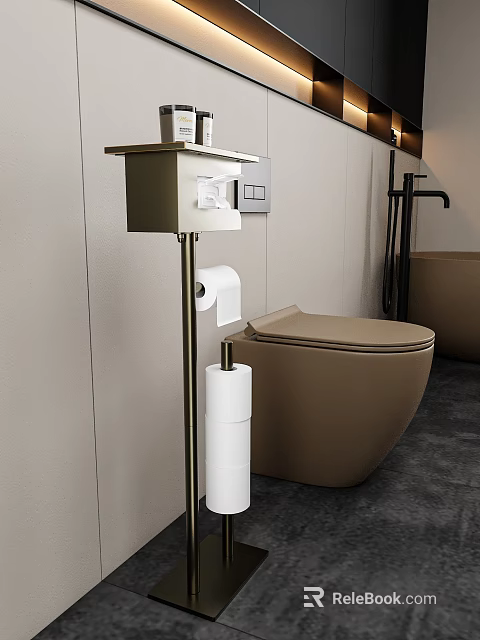Minimalist Bathroom Interior With Beige Toilet Metal Toilet Paper Holder Multiple Rolls And Dark Floor 3d model 