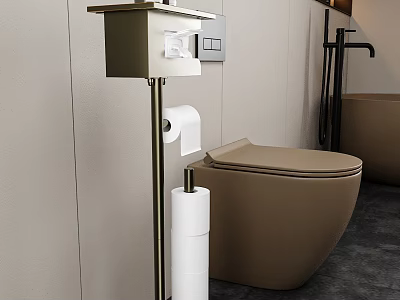 Minimalist Bathroom Interior With Beige Toilet Metal Toilet Paper Holder Multiple Rolls And Dark Floor 3d model