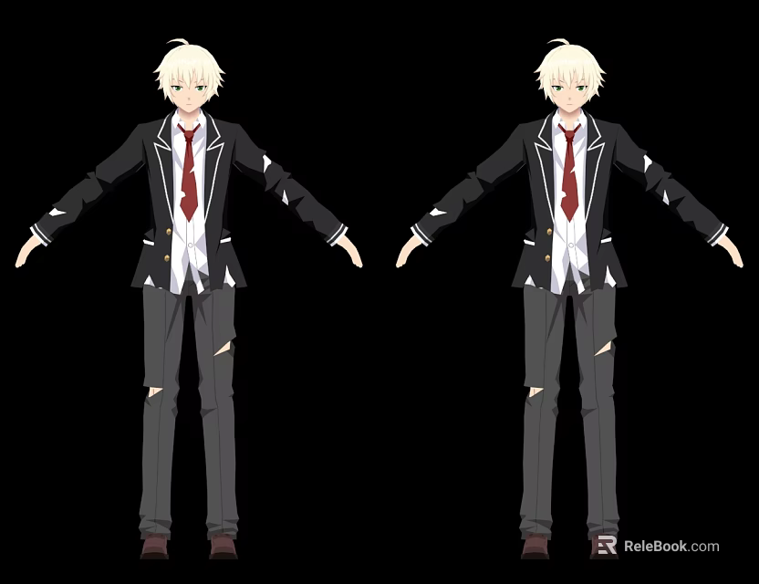 Anime Game Male Character With Black Blazer White Shirt Red Tie Ripped Gray Jeans Brown Shoes And Dual Front Poses 3d model 
