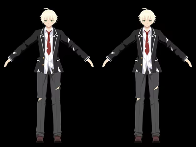 Anime Game Male Character With Black Blazer White Shirt Red Tie Ripped Gray Jeans Brown Shoes And Dual Front Poses 3d model