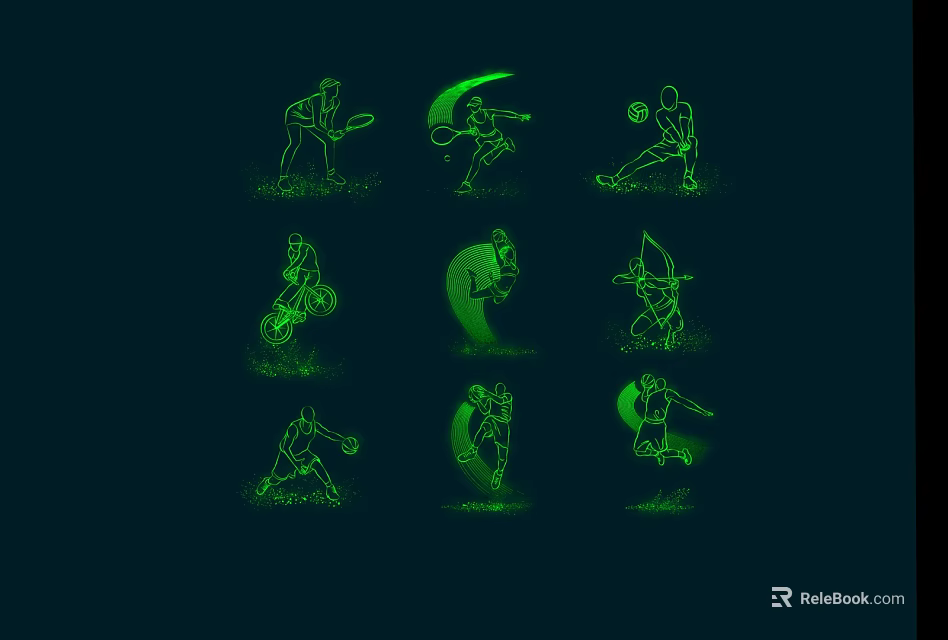 Stylish Decorative Lights Featuring Green Line Sports Silhouettes On Dark Background 3d model 
