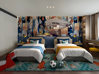 Modern Kids Bedroom Interior With Twin Beds Colorful Mural Playful Rug And Toys 3d model