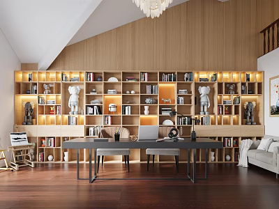 Study Room Interior With Wooden Wall Bookshelves Filled With Books Decorations Chandelier And Long Desk 3d model