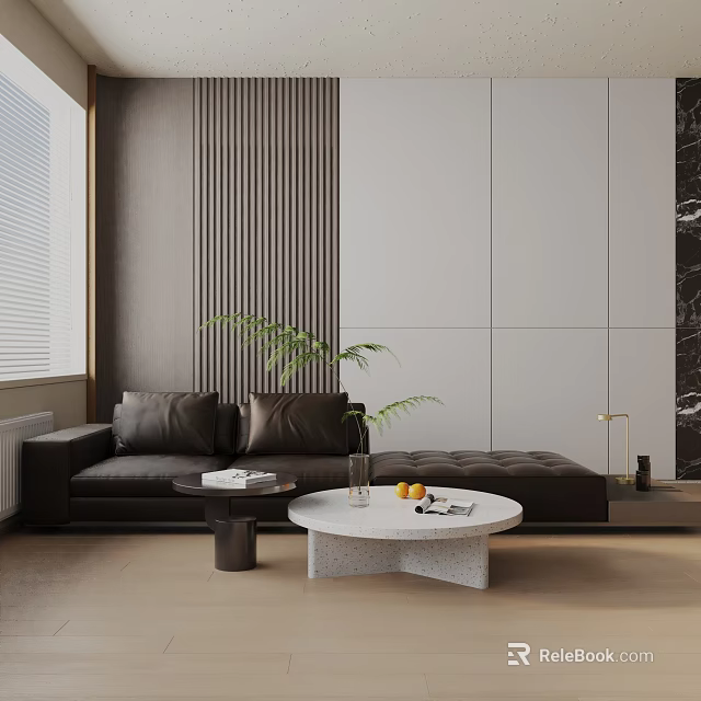 Modern Black Leather Three Seater Sofa With Round Coffee Table And Potted Plant 3d model 