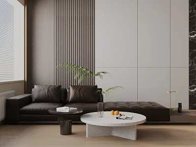 Modern Black Leather Three Seater Sofa With Round Coffee Table And Potted Plant 3d model