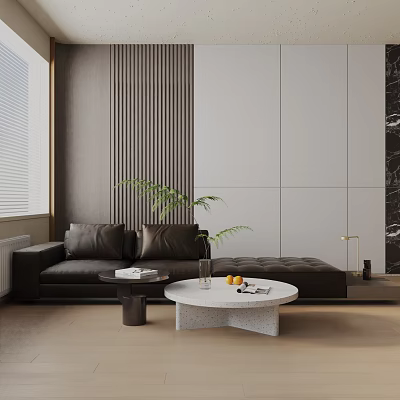 Modern Black Leather Three Seater Sofa With Round Coffee Table And Potted Plant 3d model