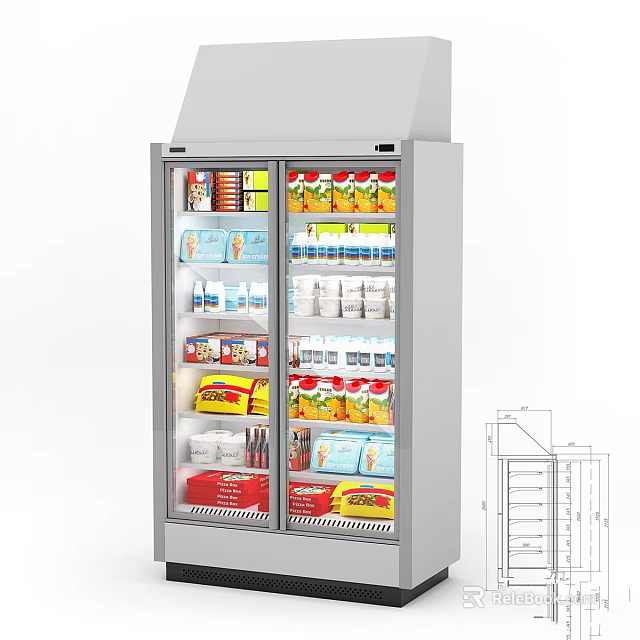 Commercial Equipment Double Door Refrigerated Display Case With Transparent Doors And Packaged Beverages 3d model 