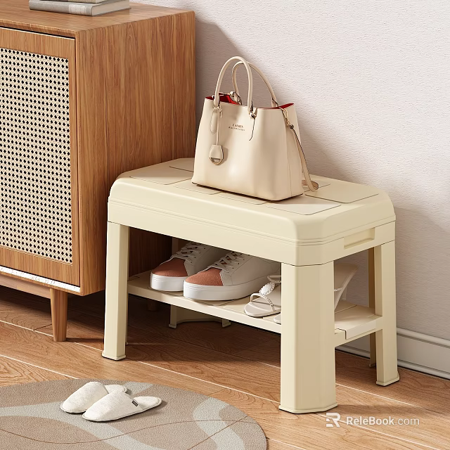 Beige Shoe Bench with Storage Shelf Handbag on Top and Shoes Below Near Wooden Cabinet 3d model 