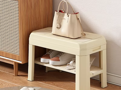 Beige Shoe Bench with Storage Shelf Handbag on Top and Shoes Below Near Wooden Cabinet 3d model