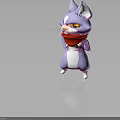 3D Cartoon Cat Character With Purple White Fur Red Scarf Yellow Eyes Standing Pose