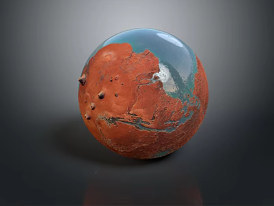 Realistic Mars Like Sphere Model With Red Surface Blue Regions And Craters 3d model