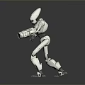 White Robot Game And Movie Character With Green Glowing Parts Pointed Head And Mechanical Arms