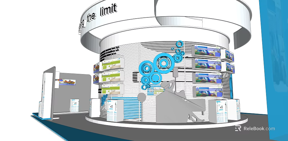 Modern Circular Exhibition Booth Design With Blue Gears And Display Screens 3d model 