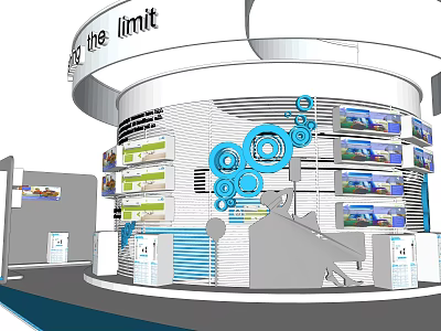 Modern Circular Exhibition Booth Design With Blue Gears And Display Screens 3d model
