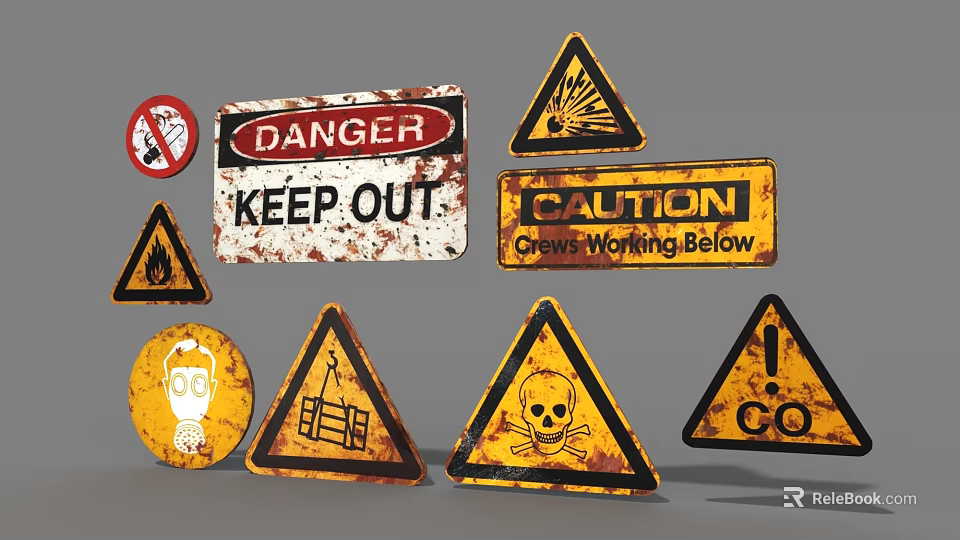 Rusty Traffic Warning Prohibition Signs With Danger Caution Text Flame Skull Symbols 3d model