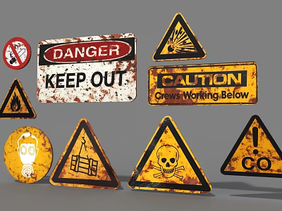Rusty Traffic Warning Prohibition Signs With Danger Caution Text Flame Skull Symbols 3d model