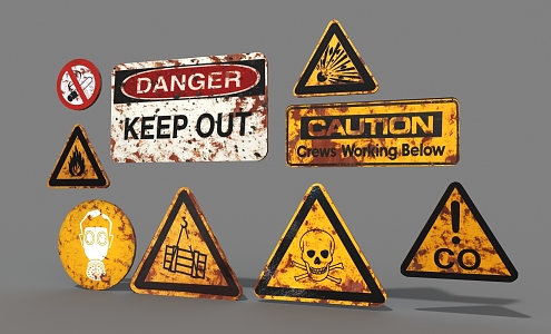 Traffic signs, dangerous signs, yellow signs, old road signs 3d model