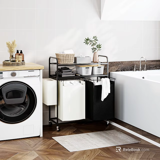 Bathroom Rolling Storage Rack With Baskets Towels Next To Washing Machine And Bathtub 3d model 