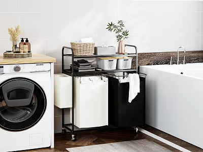 Bathroom Rolling Storage Rack With Baskets Towels Next To Washing Machine And Bathtub 3d model