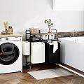 Bathroom Rolling Storage Rack With Baskets Towels Next To Washing Machine And Bathtub