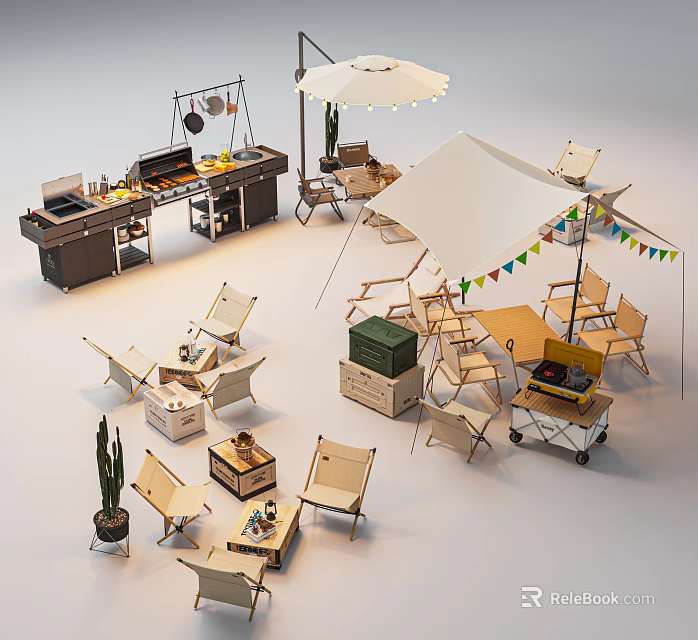 Campsite Setup With Tent Folding Chairs Barbecue Grill Umbrella And Bunting Flags 3d model 