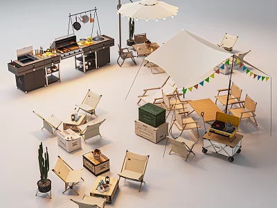 Campsite Setup With Tent Folding Chairs Barbecue Grill Umbrella And Bunting Flags 3d model