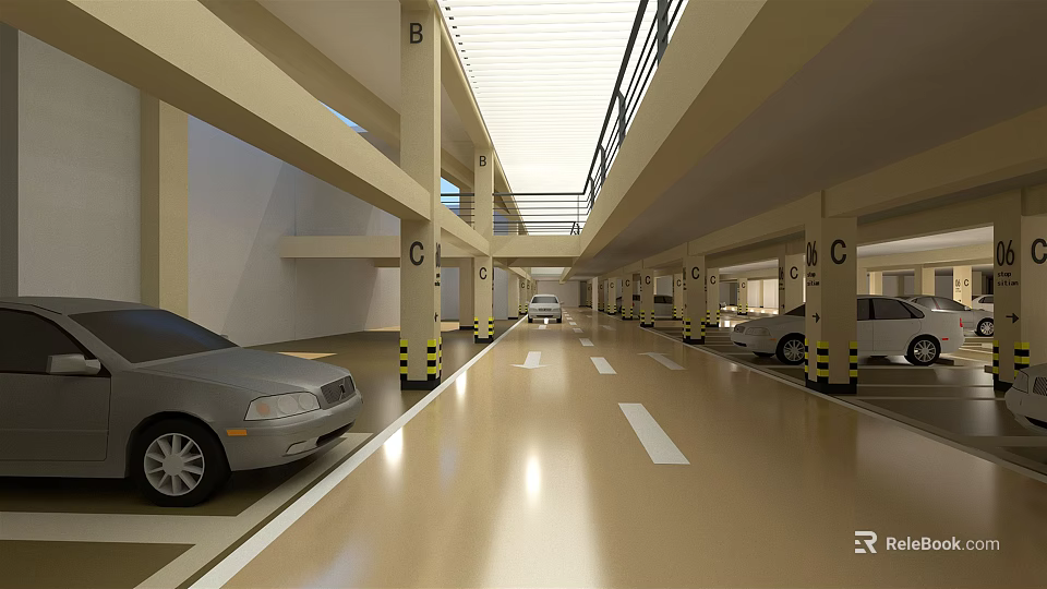 Multi Level Parking Garage With Parked Cars Columns Yellow Black Stripes Smooth Flooring Ample Lighting 3d model 