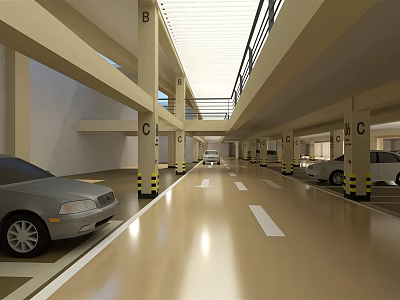Multi Level Parking Garage With Parked Cars Columns Yellow Black Stripes Smooth Flooring Ample Lighting 3d model