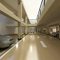 Multi Level Parking Garage With Parked Cars Columns Yellow Black Stripes Smooth Flooring Ample Lighting