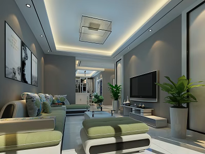Modern Minimalist Living And Dining Room Interior With Cozy Sofas Flat TV And Green Plants 3d model