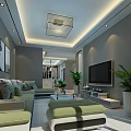 Modern Minimalist Living And Dining Room Interior With Cozy Sofas Flat TV And Green Plants
