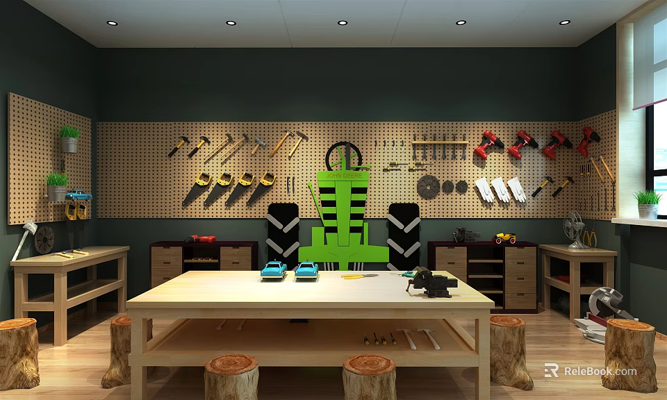 Kindergarten Craft Activity Space with Wooden Table Stools and Hanging Tools on Pegboard 3d model
