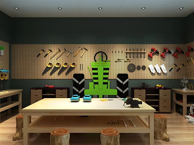 Kindergarten Craft Activity Space with Wooden Table Stools and Hanging Tools on Pegboard 3d model