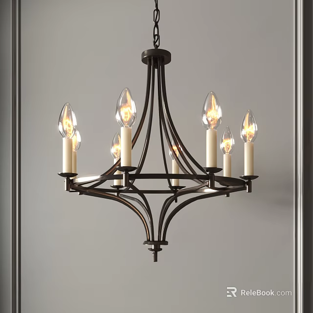 Classic Dark Metal Chandelier With Multiple Candle Shaped Bulbs Against Gray Wall In Minimalist Interior 3d model 