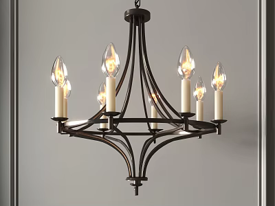 Classic Dark Metal Chandelier With Multiple Candle Shaped Bulbs Against Gray Wall In Minimalist Interior 3d model