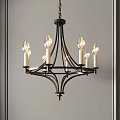 Classic Dark Metal Chandelier With Multiple Candle Shaped Bulbs Against Gray Wall In Minimalist Interior