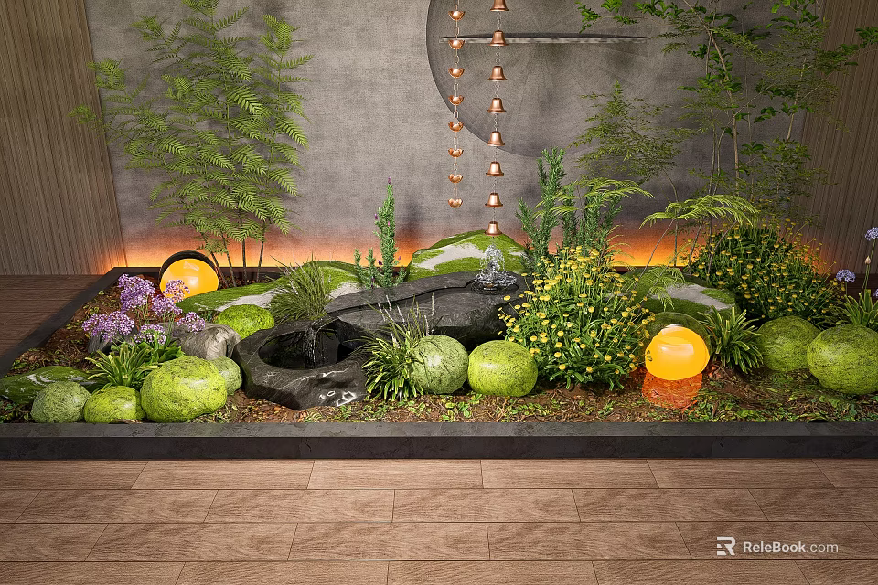 Tranquil Garden Landscape With Green Plants Stones Waterfall And Orange Lamps 3d model 