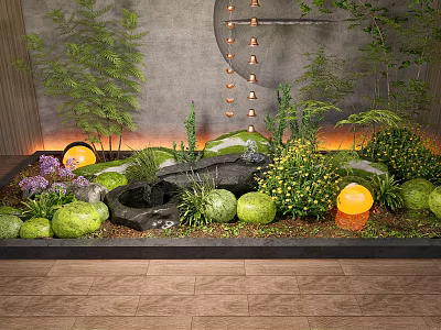 Tranquil Garden Landscape With Green Plants Stones Waterfall And Orange Lamps 3d model