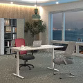 Modern Office Interior With Large Windows Ocean View Desk Laptop Chairs And Green Plant