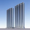Two Tall Modern Buildings With Glass Curtain Walls And Blue Sky Background