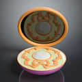 Elegant Open Cosmetic Compact Case With Orange Purple Yellow Design Circular Center And Decorative Patterns