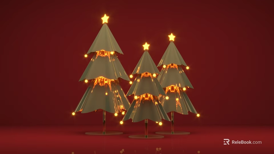 Festive Illuminated Green Christmas Trees Decorated With Golden Stars And String Lights Against Red Background 3d model 