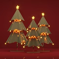 Festive Illuminated Green Christmas Trees Decorated With Golden Stars And String Lights Against Red Background