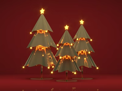 Festive Illuminated Green Christmas Trees Decorated With Golden Stars And String Lights Against Red Background 3d model