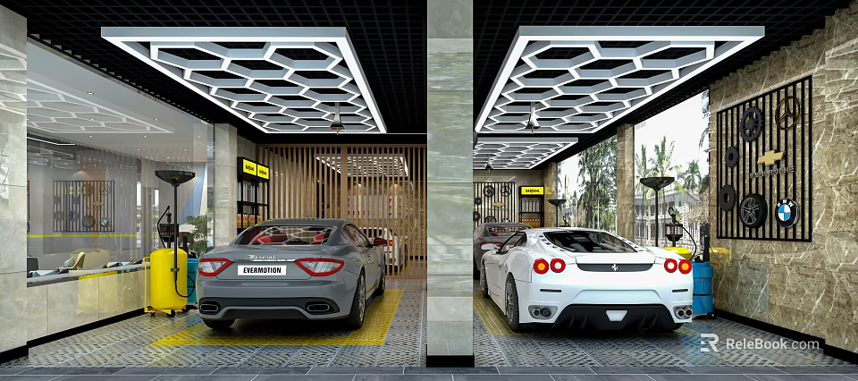 4S Auto Dealership Showroom with Luxury Cars and Modern Interior Design 3d model 