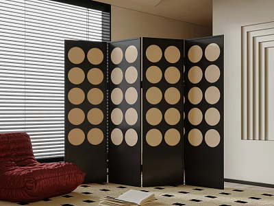 Modern Black Room Divider With Circular Patterns Red Sofa And Window Blinds In Living Space 3d model